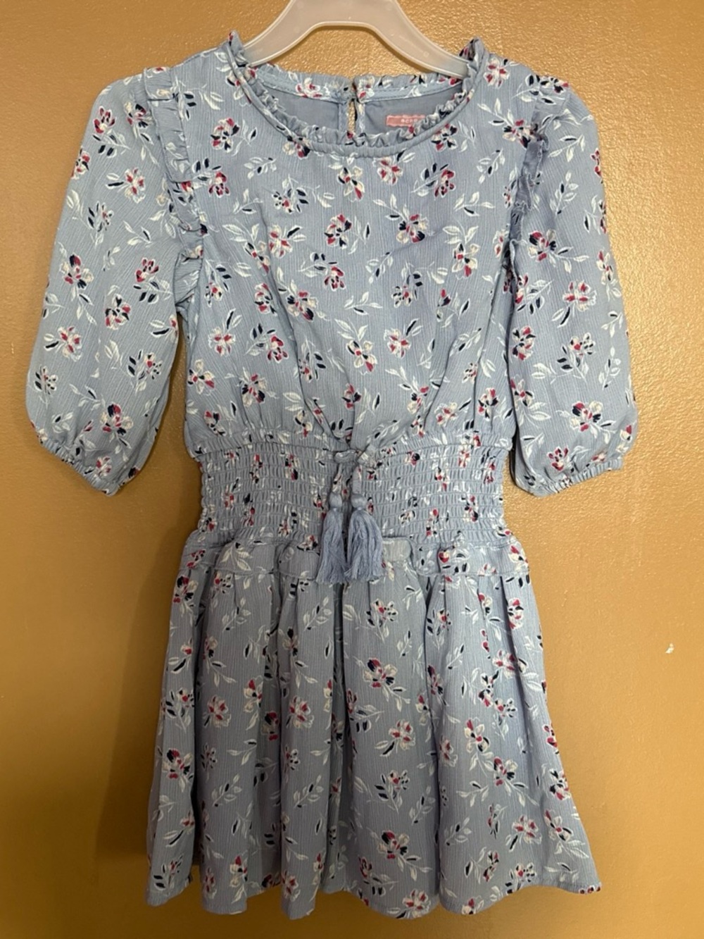 BCBGirls Light Blue Floral Tassel Smocked Dress